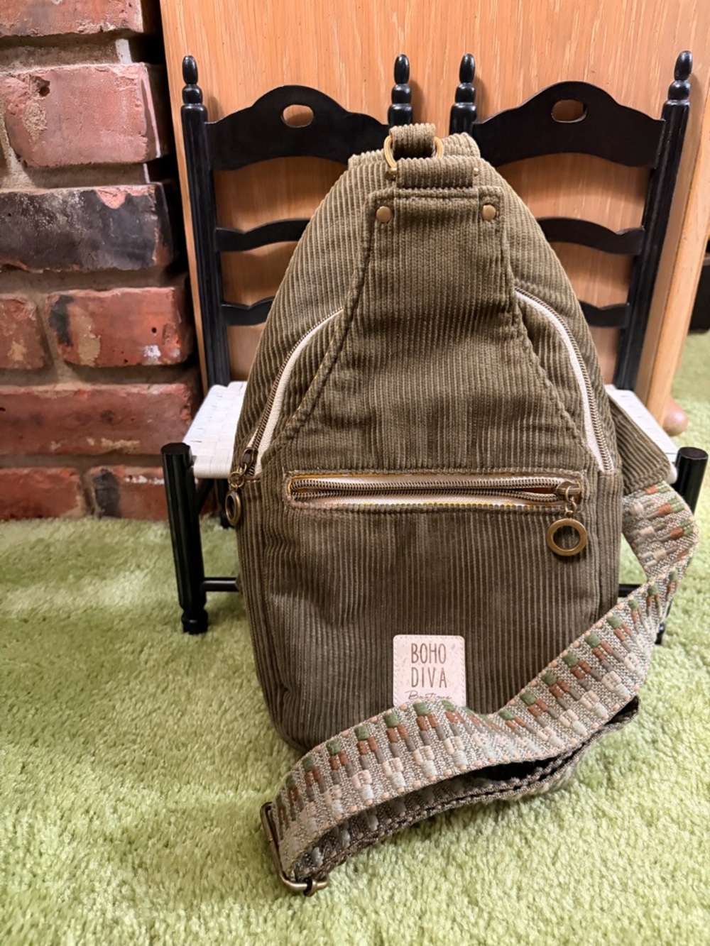 Olive Green Corduroy Crossbody Sling Bag